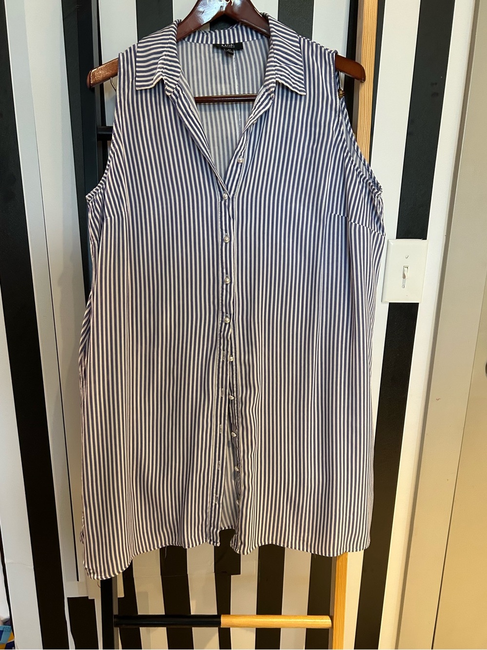 MSK Blue and White Striped Sleeveless Button-Front Dress
